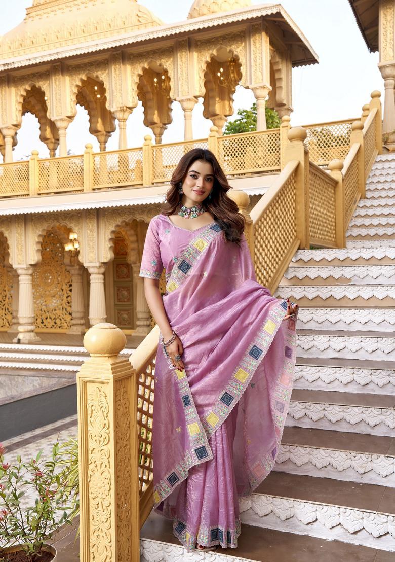 Pink Embroidery Silk Saree Set - Indya