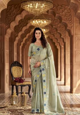 Grey Embroidery Silk Saree Set