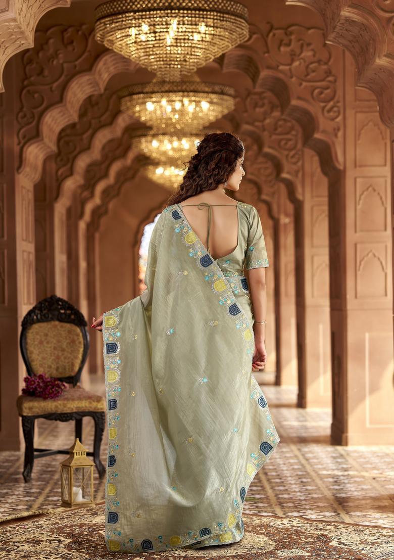 Grey Embroidery Silk Saree Set - Indya