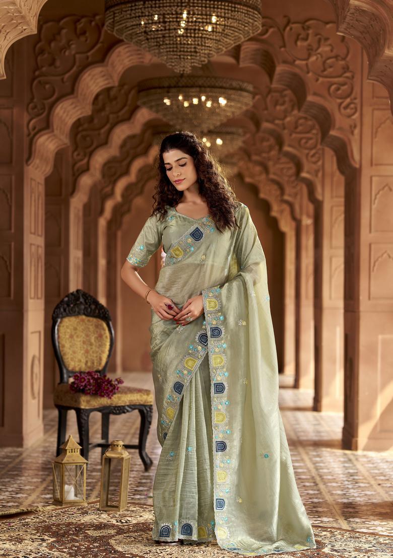 Grey Embroidery Silk Saree Set - Indya