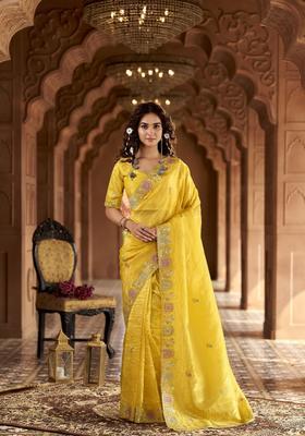 Yellow Embroidery Silk Saree Set