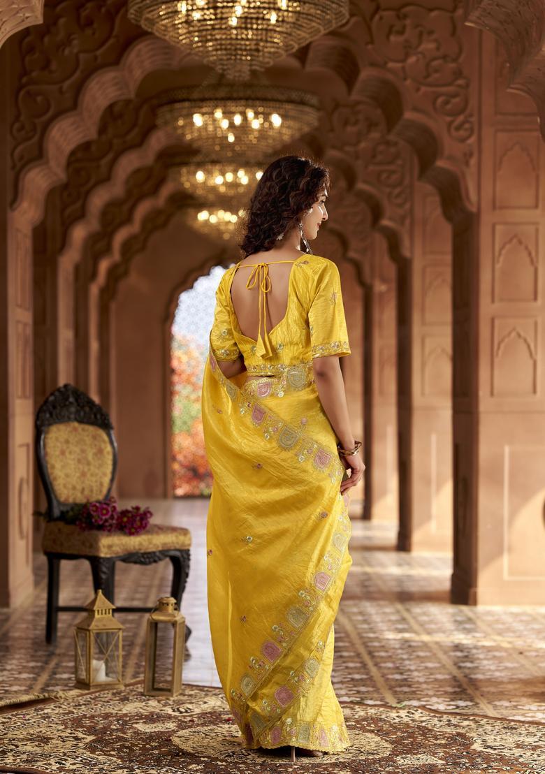 Yellow Embroidery Silk Saree Set - Indya