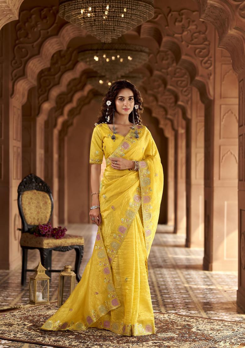 Yellow Embroidery Silk Saree Set - Indya