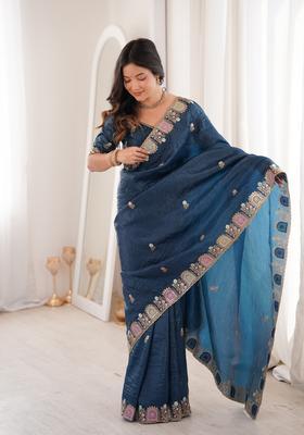 Teal Embroidery Silk Saree Set