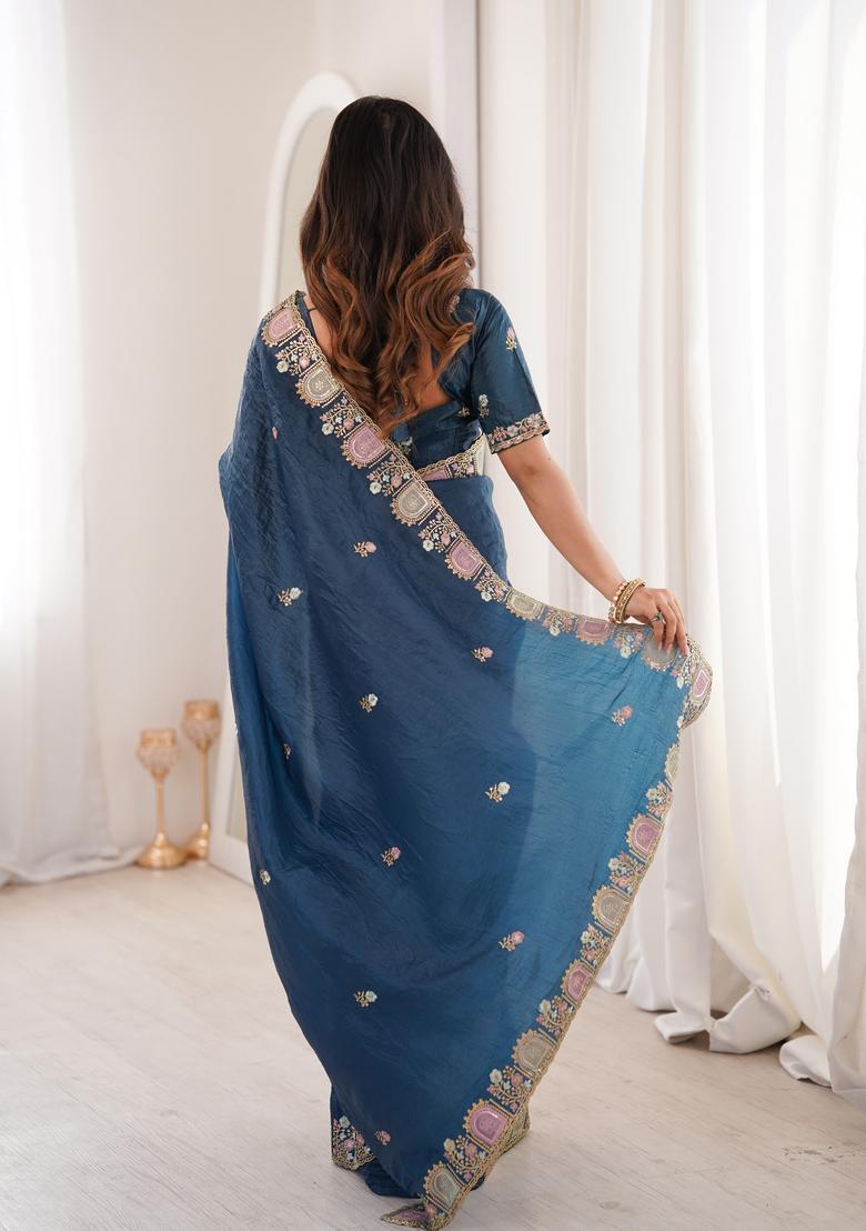 Teal Embroidery Silk Saree Set - Indya
