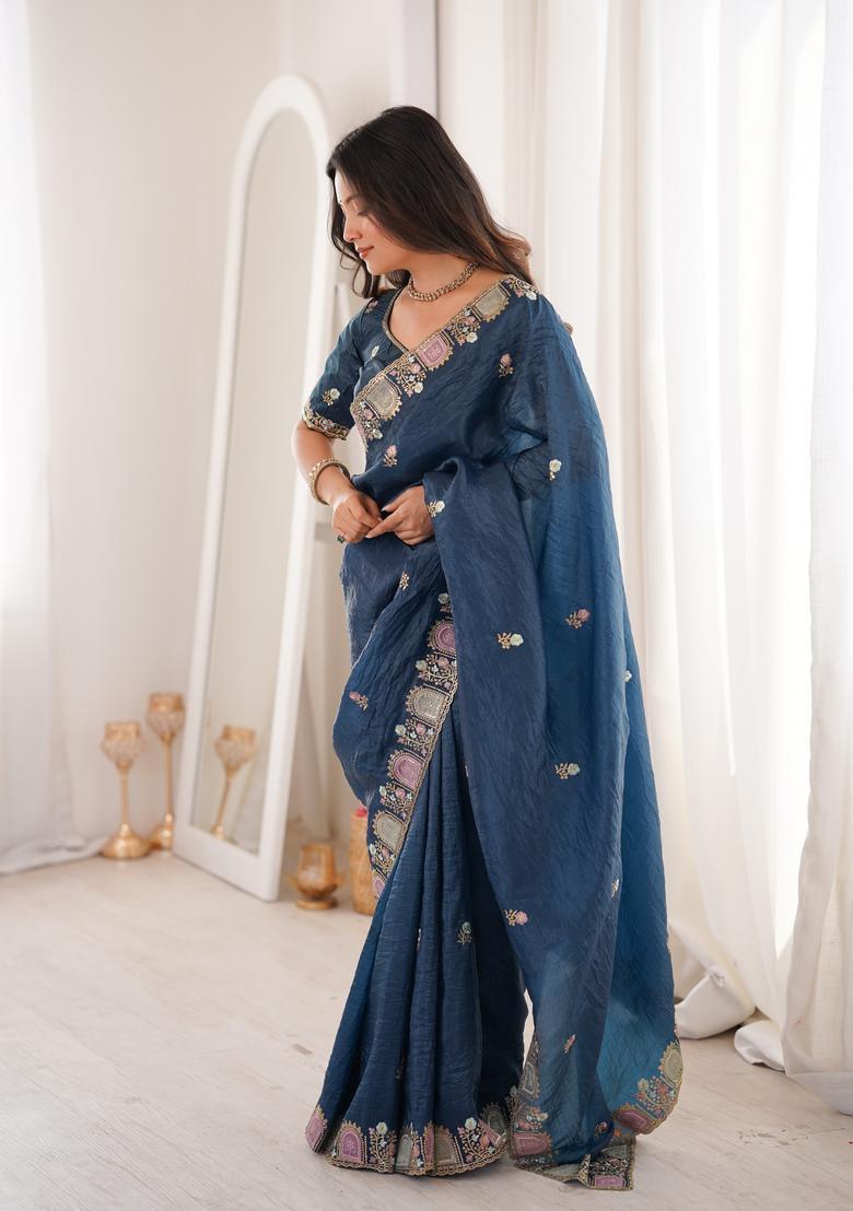 Teal Embroidery Silk Saree Set - Indya