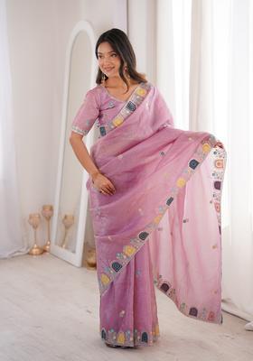 Pink Embroidery Silk Saree Set