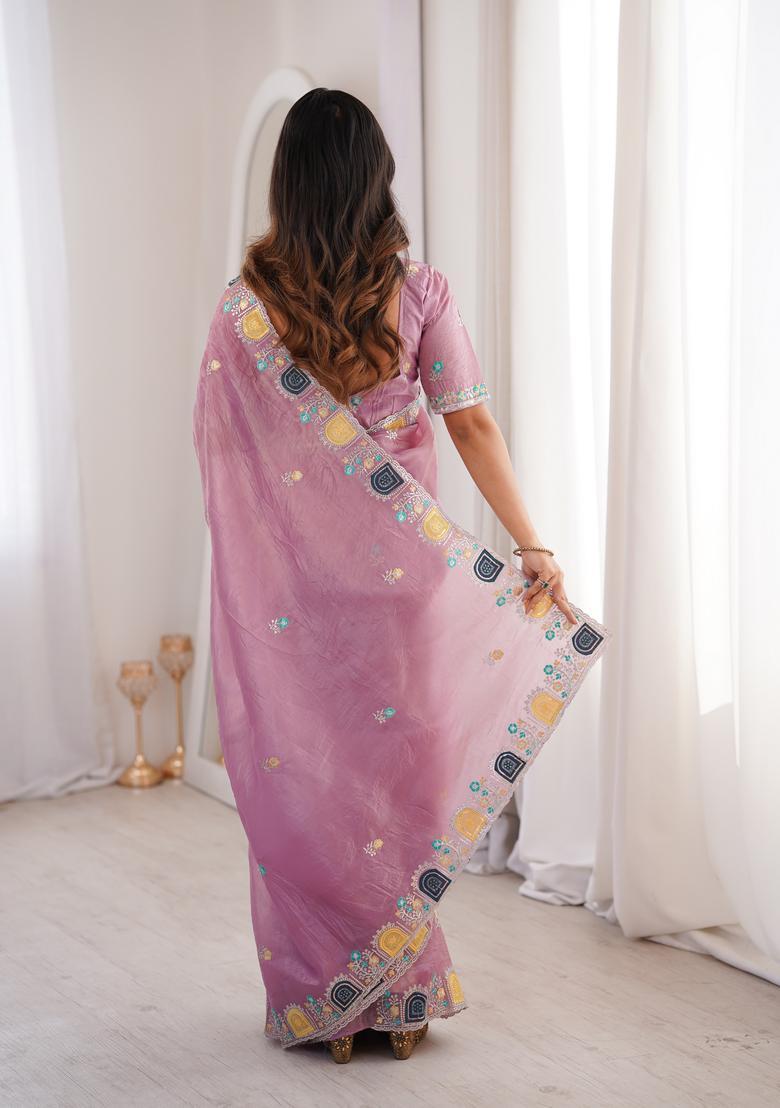 Pink Embroidery Silk Saree Set - Indya