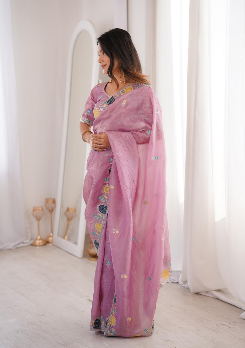 Pink Embroidery Silk Saree Set - Indya