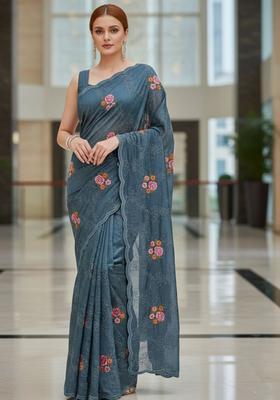 Blue Sequin Work Silk Saree Set