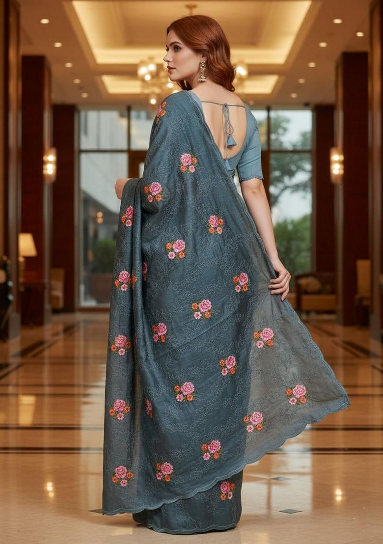 Blue Sequin Work Silk Saree Set - Indya