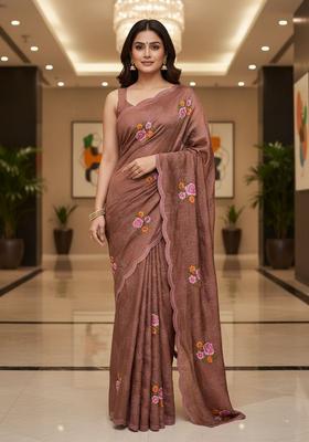 Brown Sequin Work Silk Saree Set