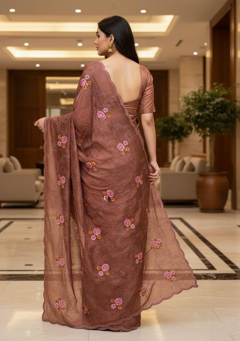 Brown Sequin Work Silk Saree Set - Indya