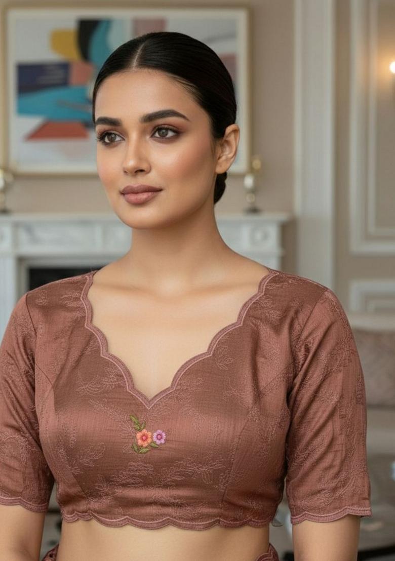 Brown Sequin Work Silk Saree Set - Indya