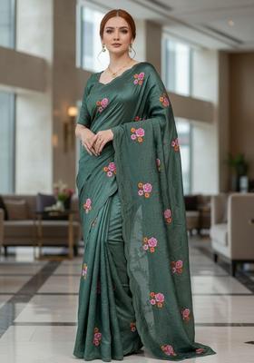 Green Sequin Work Silk Saree Set