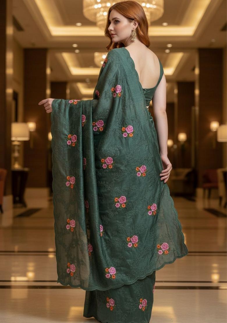 Green Sequin Work Silk Saree Set - Indya