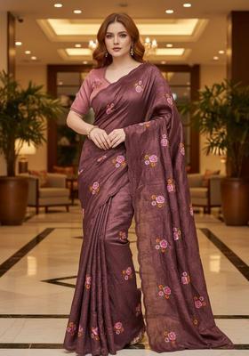 Maroon Sequin Work Silk Saree Set