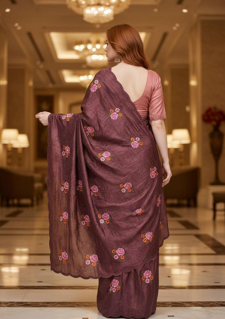 Maroon Sequin Work Silk Saree Set - Indya