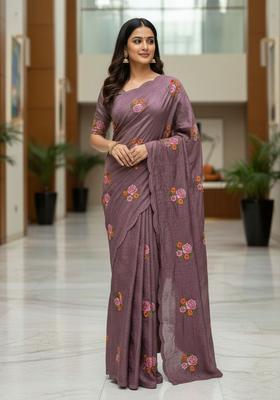 Purple Sequin Work Silk Saree Set