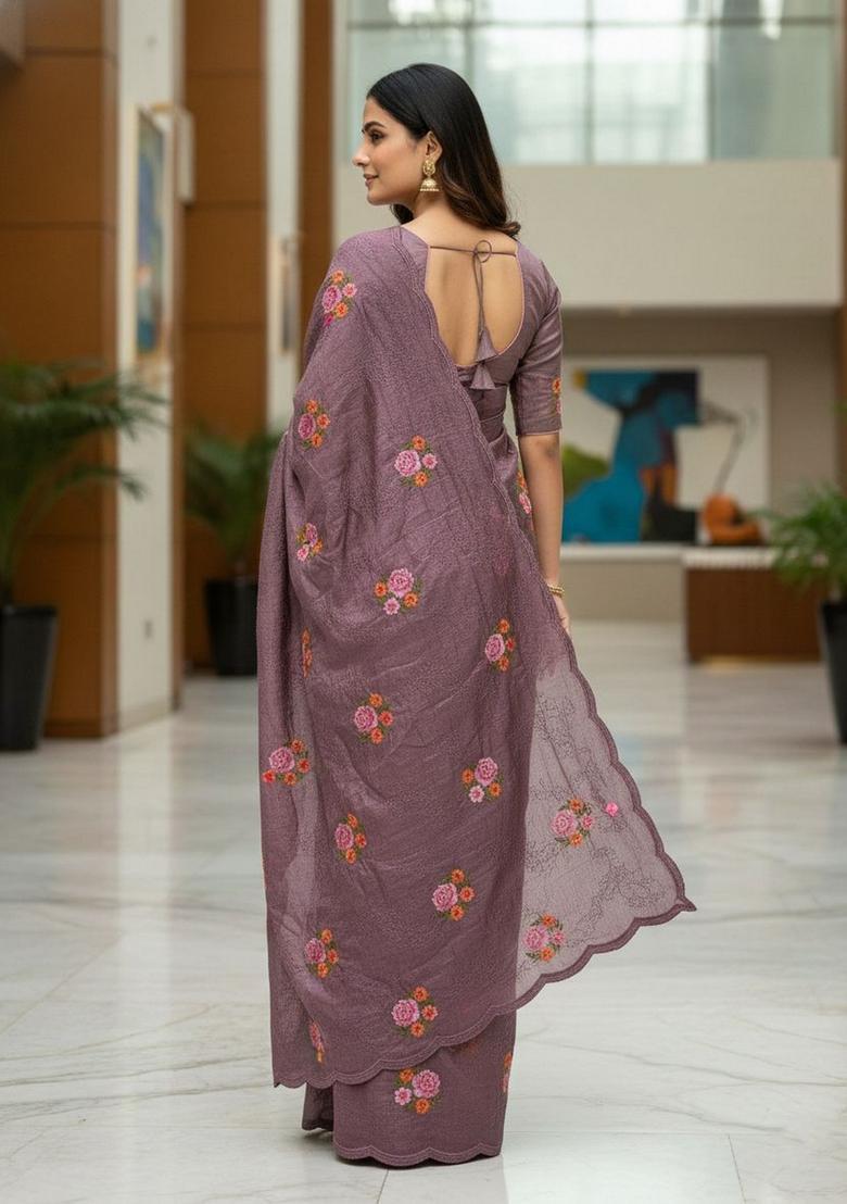 Purple Sequin Work Silk Saree Set - Indya