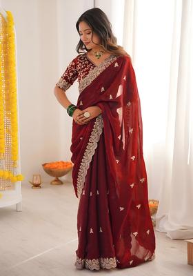 Maroon Sequin Work Silk Saree Set
