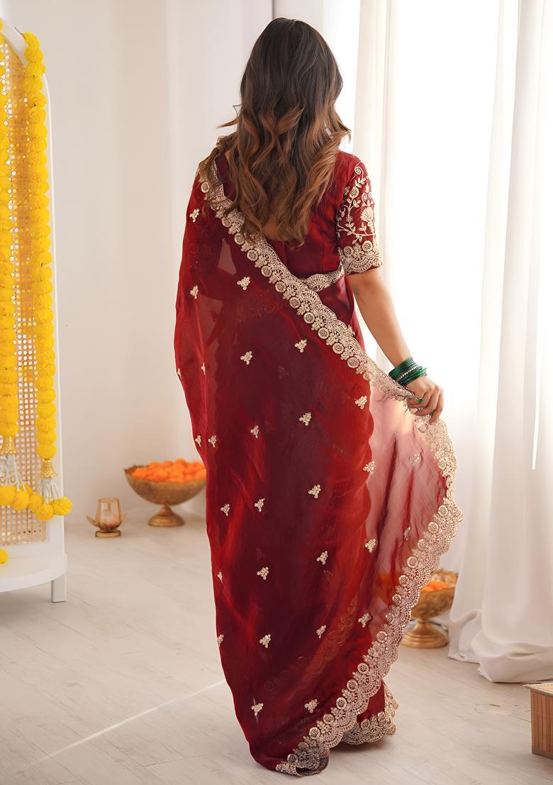 Maroon Sequin Work Silk Saree Set - Indya