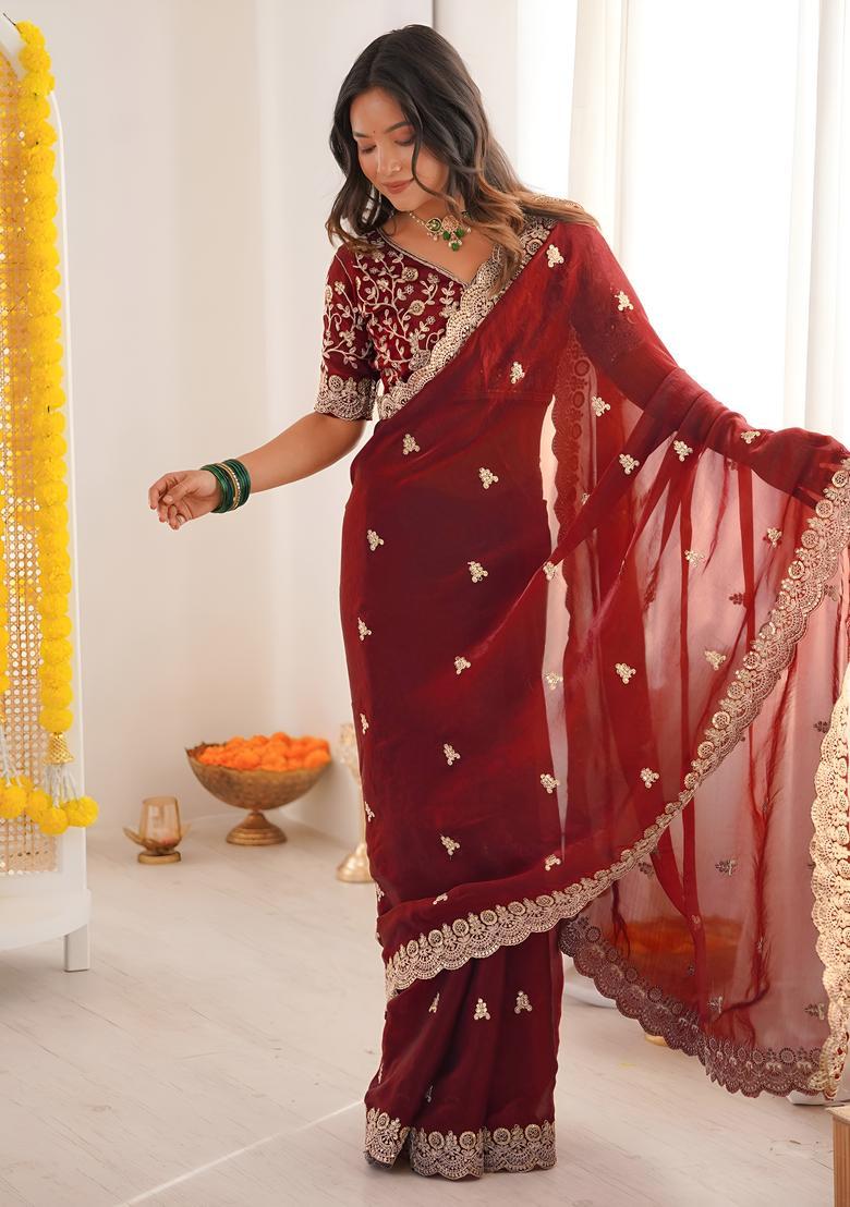 Maroon Sequin Work Silk Saree Set - Indya