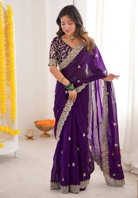 Purple Sequin Work Silk Saree Set