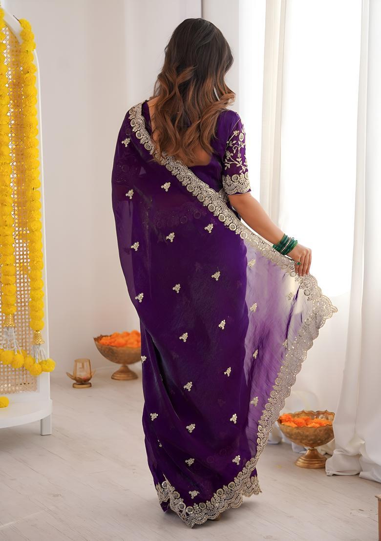 Purple Sequin Work Silk Saree Set - Indya