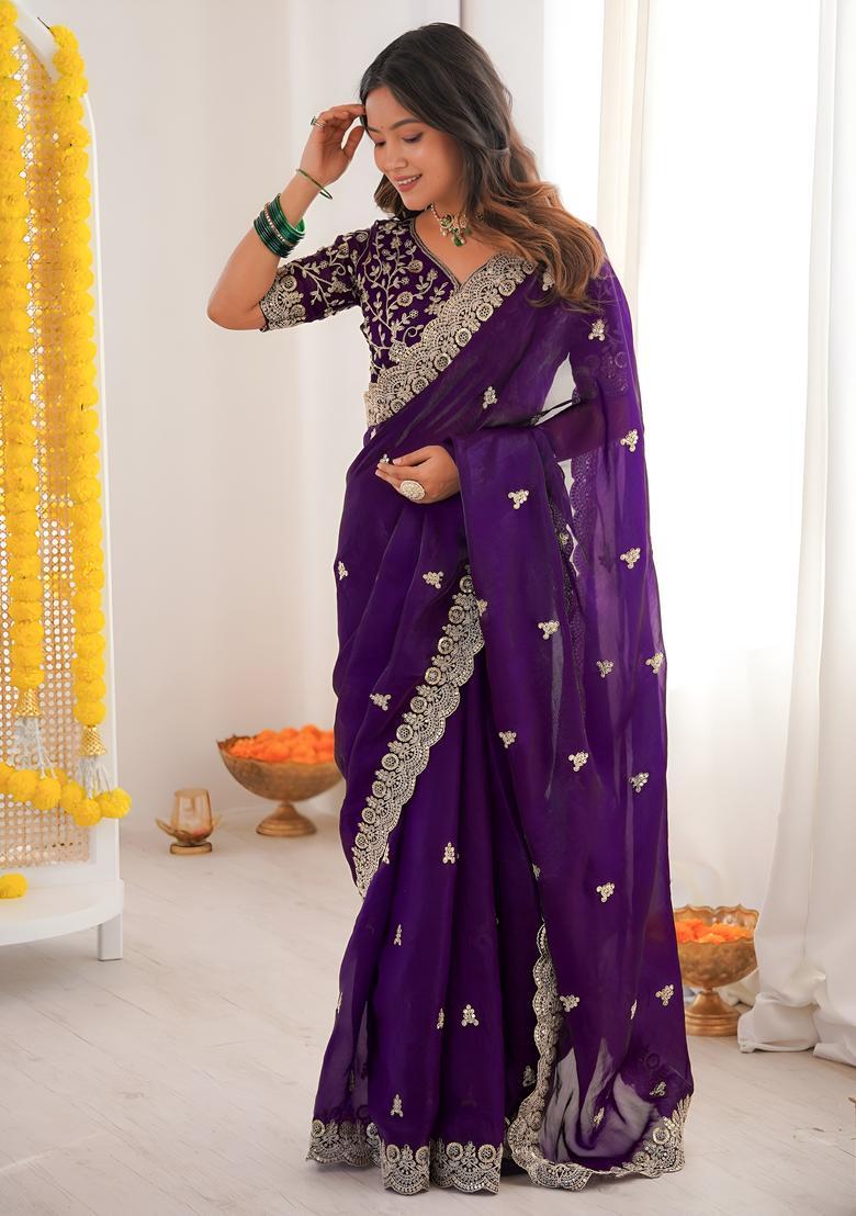 Purple Sequin Work Silk Saree Set - Indya