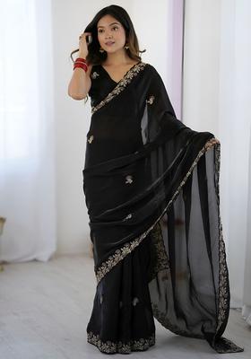 Black Sequin Work Silk Saree Set