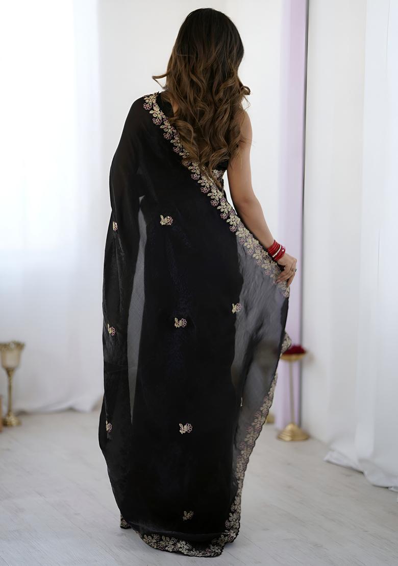 Black Sequin Work Silk Saree Set - Indya