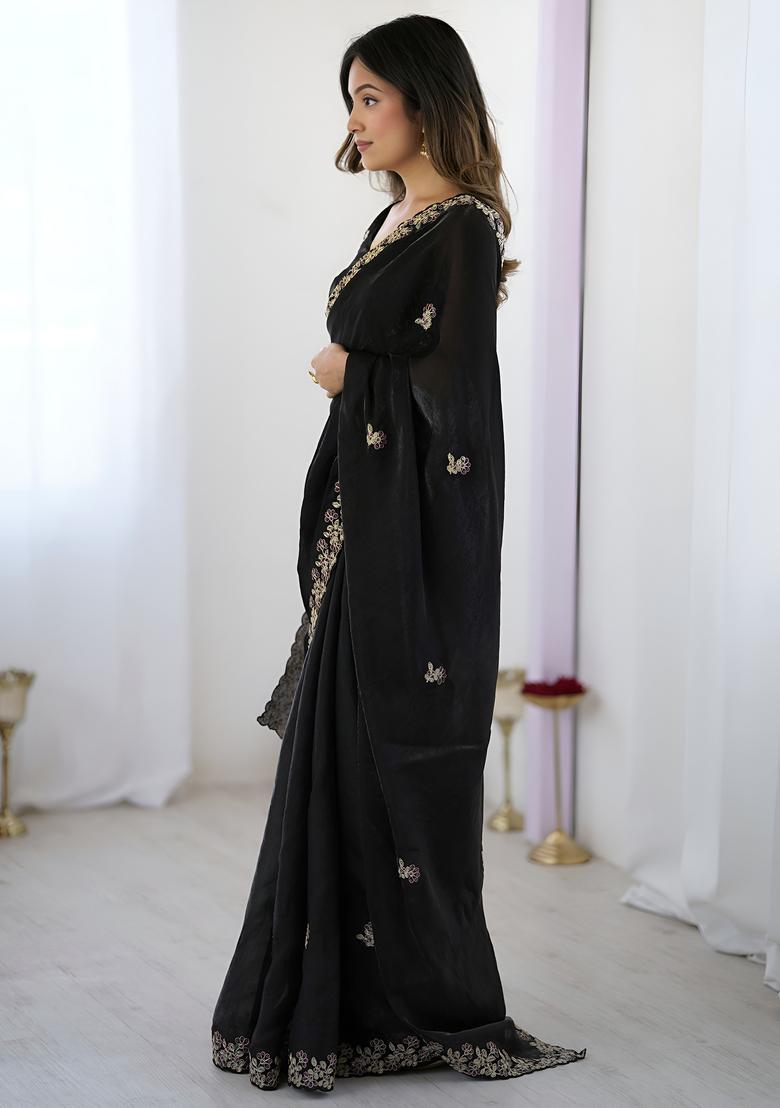Black Sequin Work Silk Saree Set - Indya