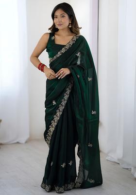 Green Sequin Work Silk Saree Set