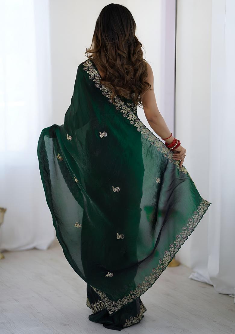 Green Sequin Work Silk Saree Set - Indya
