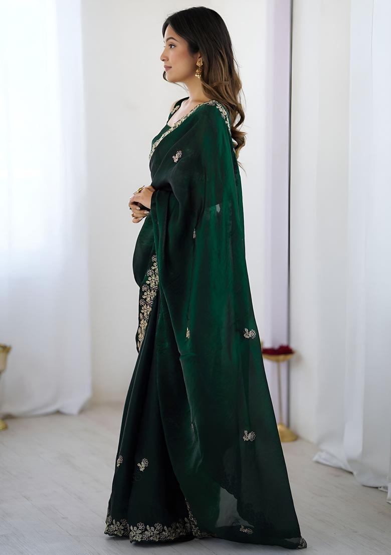 Green Sequin Work Silk Saree Set - Indya