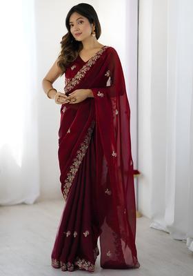 Maroon Sequin Work Silk Saree Set
