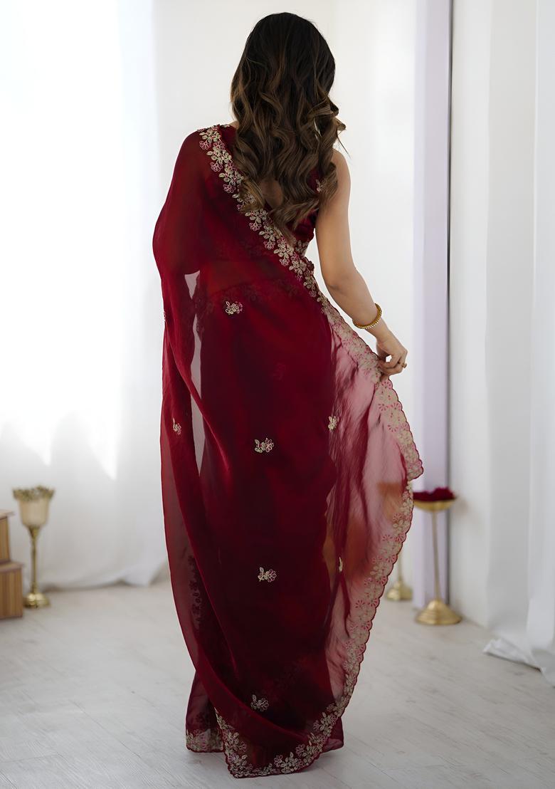 Maroon Sequin Work Silk Saree Set - Indya