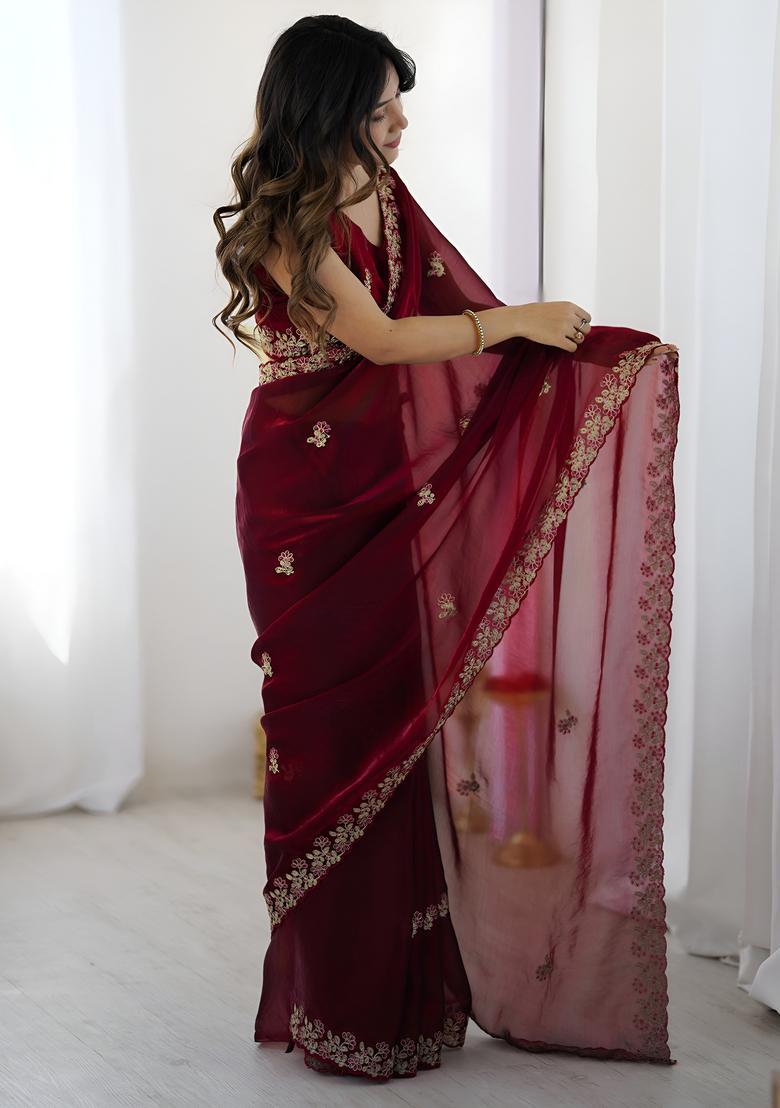 Maroon Sequin Work Silk Saree Set - Indya