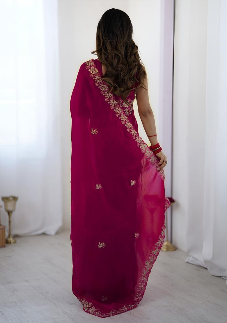 Pink Sequin Work Silk Saree Set - Indya