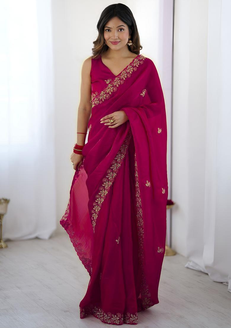 Pink Sequin Work Silk Saree Set - Indya