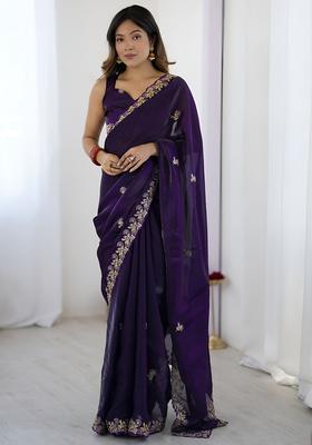Purple Sequin Work Silk Saree Set