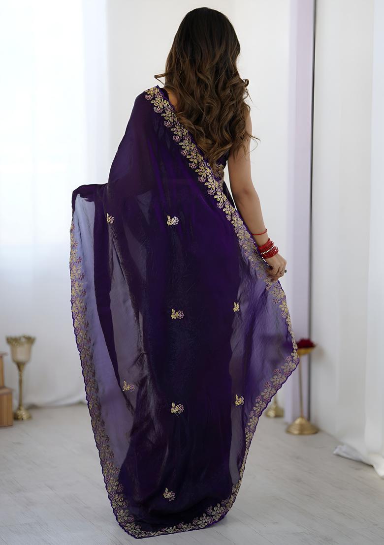 Purple Sequin Work Silk Saree Set - Indya