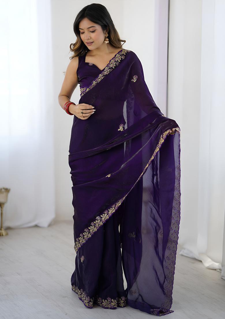 Purple Sequin Work Silk Saree Set - Indya