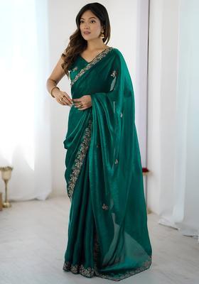 Green Sequin Work Silk Saree Set