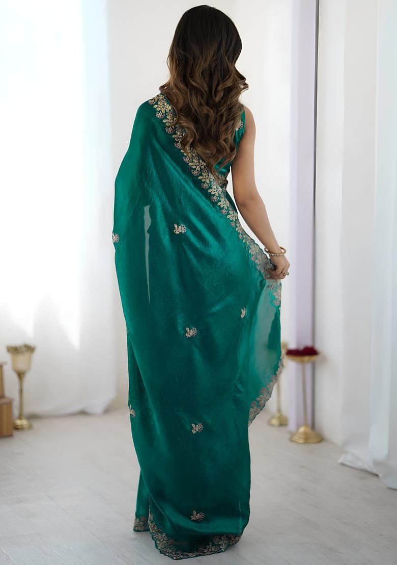 Green Sequin Work Silk Saree Set - Indya