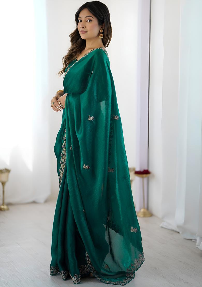 Green Sequin Work Silk Saree Set - Indya