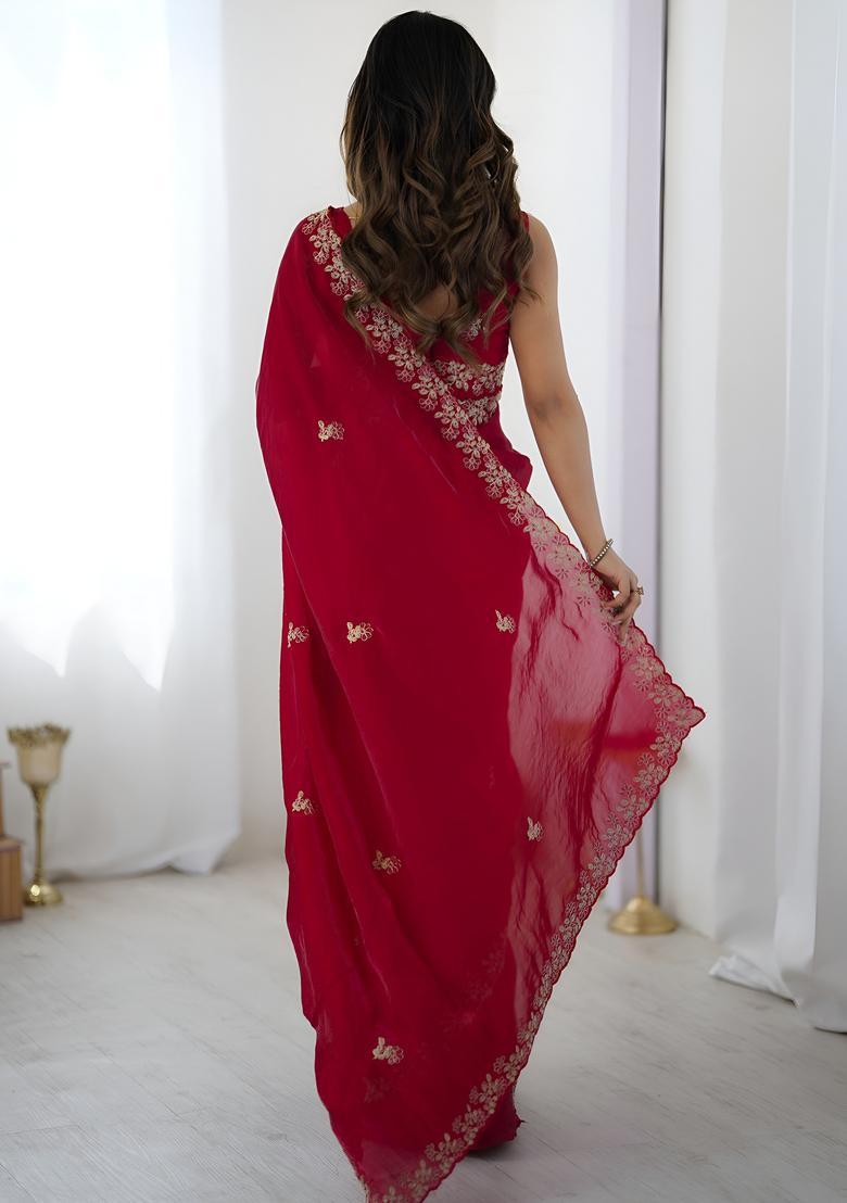 Red Sequin Work Silk Saree Set - Indya