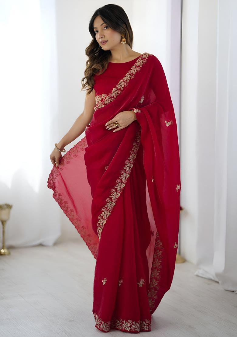 Red Sequin Work Silk Saree Set - Indya