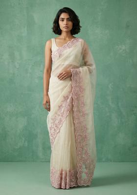 Cream Embroidery Silk Saree Set